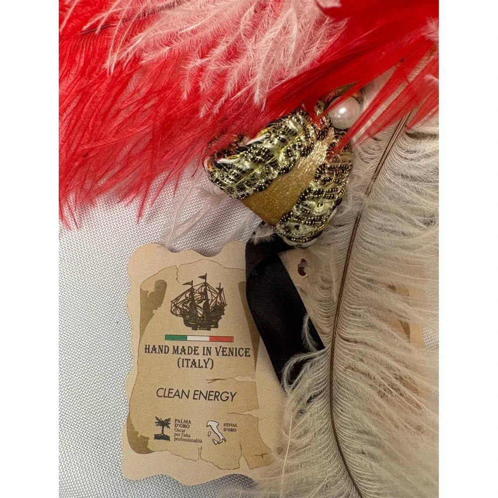 La Maschera Del Galeone Mask Italy Venezia Feathers Handmade Red Gold